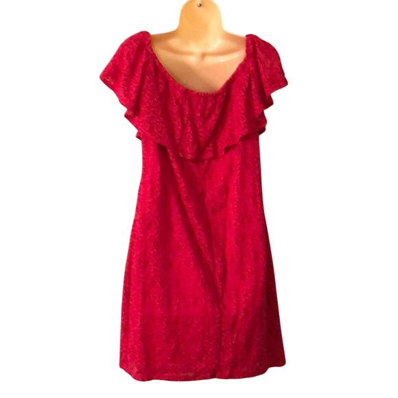 Tiana B. Bright Pink Lace Dress Woman Size Large Off Shoulder Romantic Ruffle - Picture 2 of 7